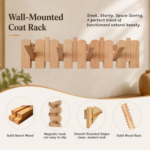 Piano Coat Rack, Solid Beech Wall Hooks, Walnut Finish, 8 Hooks - Image 6