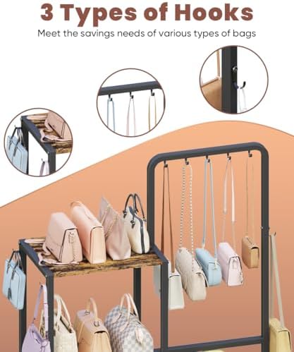 Floor-Standing 3-Tier Purse Organizer, High-Capacity Bag Holder with 8 Hooks, Multi-Functional Purse Rack for Various Bags, Handbag Display Stand Shelf for Closet, Bedroom, Entryway, Black - Image 2