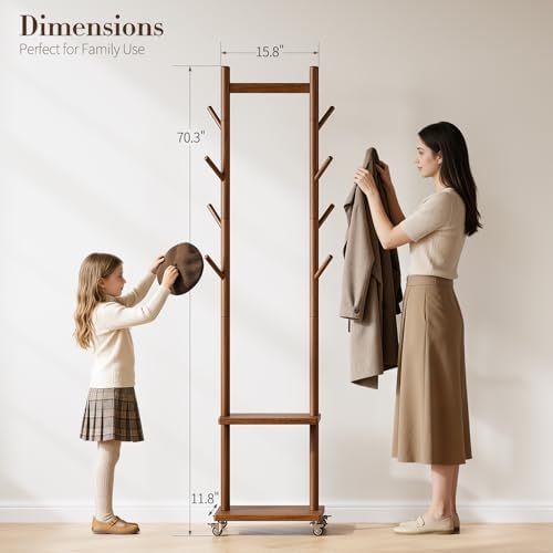 Yoobure Solid Wood Coat Rack Freestanding - Rolling Clothes Rack with 8 Hooks & Shelves, Small Clothing Rack with Wheels, Heavy Duty Clothing Racks for Hanging Clothes, Portable Hall Tree for Entryway - Image 2