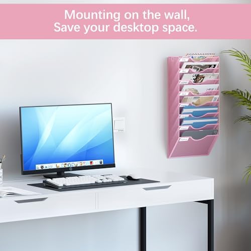 EasyPAG 8 Pocket Mesh Wall File Organizer, Hanging Paper Folder Holder with Classify Label, Vertical Wall Mount Mail Organizer for Office Home Classroom, Pink - Image 2