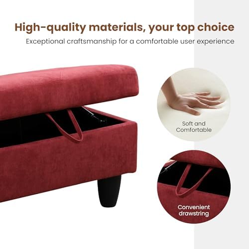 28.5'' Ottoman with Storage, Flannel Ottoman Foot Rest for Living Room Upholstered Footstool, Perfect Storage Ottoman Bench Bag Floor Chair for Bedroom or Entryway, Red - Image 7