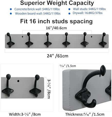 WEBI Rustic Coat Rack Wall Mount,24" Long 6 Cast Iron Coat Hooks Wall Mounted,Heavy Duty Farmhouse Wood Coat Hanger Wall Antique Vintage Hooks for Hanging Jacket,Clothes,Backpack,Gray,2 Packs - Image 3