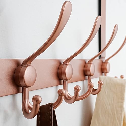 Dseap Over The Door Hook Hanger - Fits 1 3/8" to 1 3/4" Standard Doors | 5 Tri Hooks Heavy Duty Towel/Coat Rack | Door Organizer for Clothes, Jackets, Hats, Towels, Rose Gold, Pack of 2 - Image 2