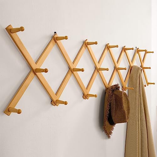 SKOLOO Hat Rack for Wall with 20 Hooks, Solid Wooden, Modern, Expandable Coat Rack Wall Mount for Coats, Hats, Bags, Baseball Caps, Natural Color - Image 4