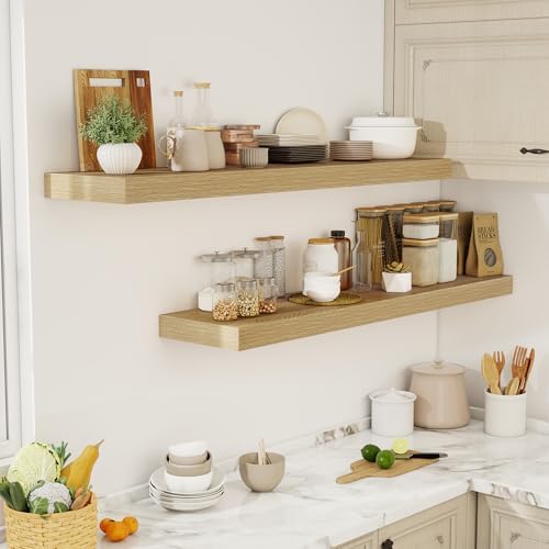 Acovy 55 Inch Floating Shelves, 12" Deep Floating Shelf Wall Mounted, 55" Wall Shelves, Rustic Deep Bookshelf, Extra Deeper & Thicker Display Shelves for Bedroom, Living Room, Oak, Set of 2 - Image 2