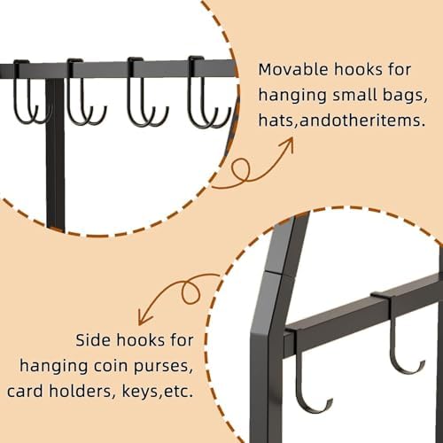 3-Tier Purse Stand Handbag Organizer, Tall Narrow Entryway Closet Bag Organizer, Wood Iron Storage Shelf, 4-in-1, with 8 Removable Hooks(Black) - Image 7