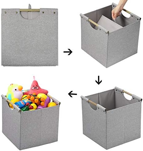 HOONEX Collapsible Storage Bins, 12x12x12in Storage Cubes Linen Fabric, 3 Pack, Storage Baskets with Wooden Carry Handles and Sturdy Heavy Cardboard, for Home, Office, Car, Nursery, Light Grey - Image 6