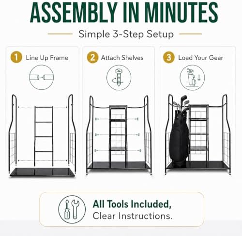 Morvat Golf Organizer for Golf Bags, Clubs, Gadgets, Travel Stuff, & Accessories, Adjustable Feet, Store and Organize Your Equipment, Holds 2 Golf Bags & 5 Metal Accessory Shelves, 38x36x16 - Image 3