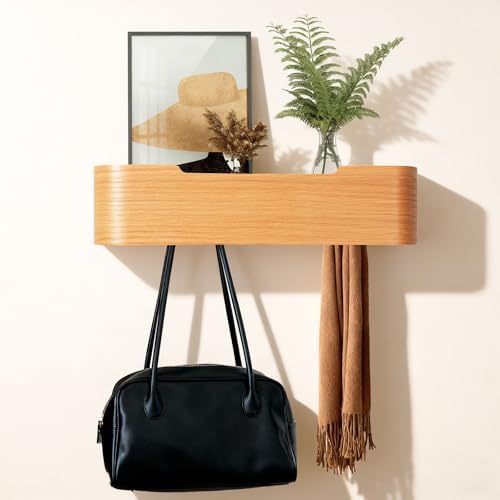 Coat Rack Wall Mount with Shelf Entryway Shelf Modern Key Holder Hanger Wall Shelves with Hidden Hooks for Hanging Towels Coats Hats Bags for Hallway Bathroom Bedroom(Oak, 4 Hooks) by FURNAWAY