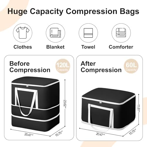 Comforter Storage Bag - 120L Bedding Storage Bags for Moving Closet, Washable Blanket Storage Bag, Ultra Space Saving Self Compression Organizer, 4-Pack, Black - Image 2