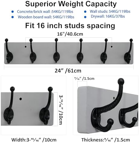 WEBI Rustic Coat Rack Wall Mount,24" Long 6 Cast Iron Coat Hooks Wall Mounted,Heavy Duty Wood Wall Coat Hanger Hooks for Hanging Coats,Jacket,Clothes,Backpack,Farmhouse,Gray,2 Packs - Image 2