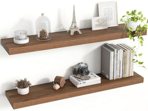 Acovy 36 Inch Floating Shelves, 8 Inch Deep Floating Shelves for Wall, Hanging Shelf with Invisible Brackets, Deep Shelves for Bathroom, Bedroom, Living Room, Walnut, Set of 2 by Acovy