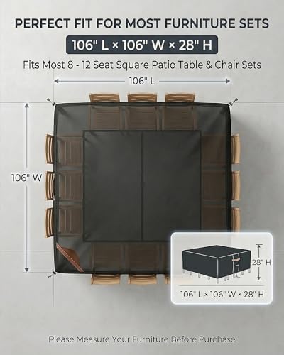 Outdoor Patio Furniture Cover Square, Heavy Duty 600D Waterproof Cover for Table & Chair Set or Sofa Set Covers, Windproof,UV Resistant, All-Season for Backyard,Deck,Garden,106"L x 106"W x 28"H,Black - Image 4