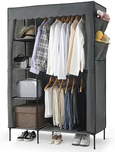 Fencer Wire Heavy Duty Garment Rack W/Fabric Cover, Clothing Storage Organizer Rack, Covered Portable Closet Wardrobe Clothes Rack for Hanging Clothes, Wardrobe Rack W/Cover, 44-Inch Wide, 6 Shelves by Fencer+Wire
