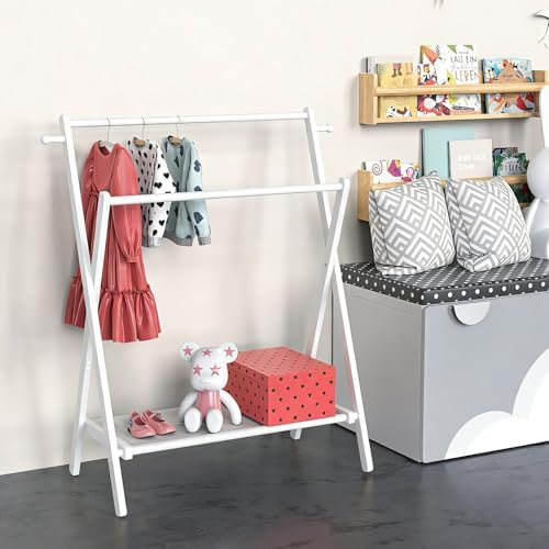BAMBOOHOMIE Kids Clothing Rack, Small Clothes Rack for Toddler Pets, Kids Dress Up Rack with Storage Shelf & Double Rods, Foldable Kids Clothes Rack for Nursery Child's Room (Regular Size - White) - Image 5