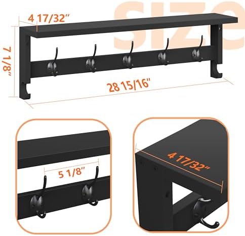 AMBIRD Coat Rack Wall Mount with Shelf, 28.9 Inches Coat Hooks Wall Mounted with 5 Hooks, Hat Wall Hooks for Hanging in Entryway, Living Room, Bathroom, Bedroom (Black, 28.9 * 4.5 inches) - Image 6