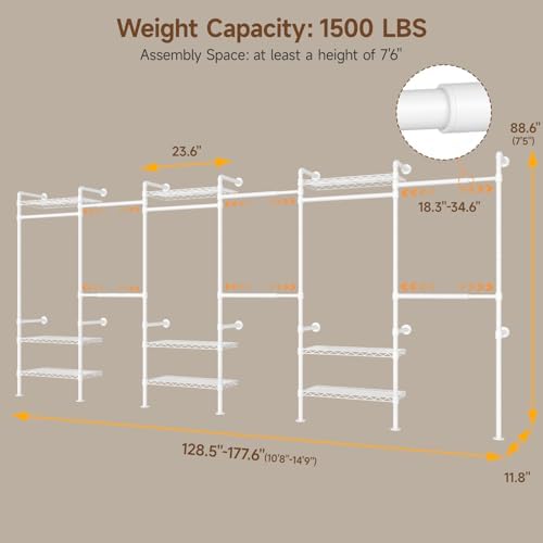 H6 Wall Mounted Closet System, Industrial Pipe Clothes Rack Clothing Racks with 6 Telescopic Rods & 3 Fixing Rods & 9 Shelves, Heavy Duty Closet Organizers and Storage in Wardrobe Closet (White) - Image 2