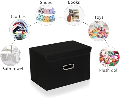 Fabric Foldable Collapsible Storage Cube Bin Organizer Basket with Lid, Handles, Removable Divider for Home, Closet (Black, 6Pcs) - Image 3