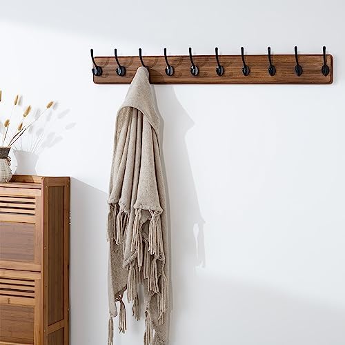 SKOLOO Rustic Wall Mounted Coat Rack, 10 Hooks, 38", Solid Wood, Brown - Image 2