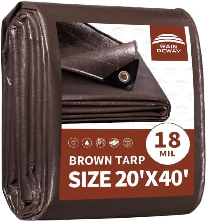 RAINDEWAY Tarp 20x40ft Brown Tarps Heavy Duty Waterproof 18Mil Extra Thick by RAINDEWAY