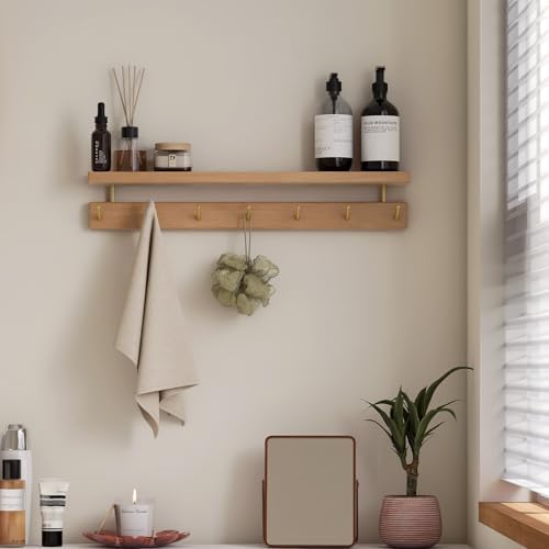 Solid Wood Wall Hooks with Shelf, Coat Rack Wall Mount, Entryway Hanging Shelf with 7 Brass Hooks for Hats, Clothes, Towels, Bags, Beech Wood, Natural - Image 5