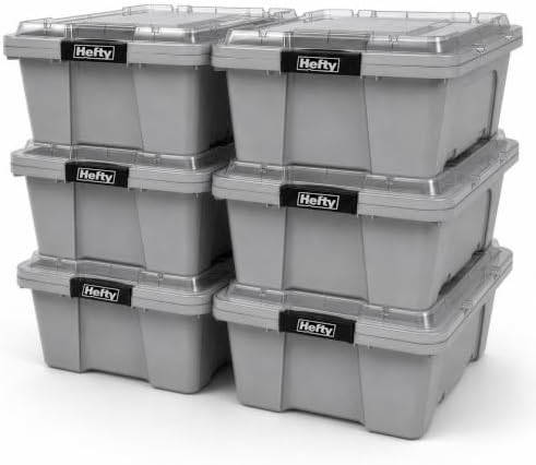 Hefty 12 Gallon Storage Bin with Clear Lid, Heavy Duty Plastic Storage Container Stackable Tote for Garage Closet Home Organization, Medium Storage Bin, 6 Pack, Grey by Hefty
