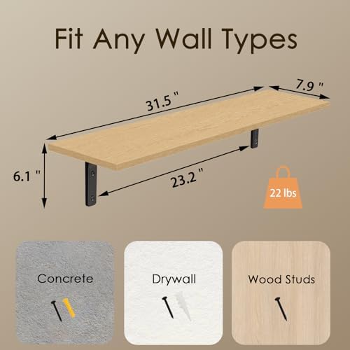 DINZI LVJ Long Wall Shelves, 31.5Inch Wooden Wall Mounted Shelves, Set of 2 - Image 3