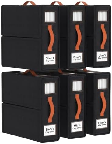 Bed Sheet Organizers, Foldable Linen Closet Storage, 6 Pack, Black by JOYMEEZO