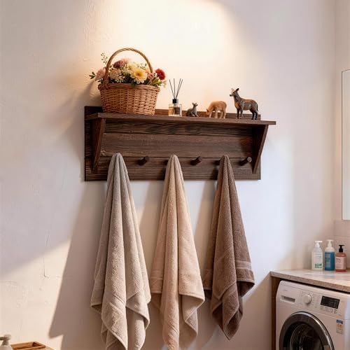 WEBI Coat Rack Wall Mount with Shelf,24" Long Entryway Wall Shelf with Hooks Underneath,6 Peg Hooks for Hanging Coats,Caps,Jacket,Clothes,Brown - Image 6
