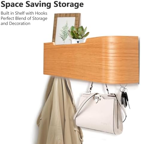 Coat Rack Wall Mount with Hidden Hooks Modern Key Holder Wood Entryway Hook with Shelf for Bedroom Kitchen Hallway Bathroom Designed for Hanging Coats Hats Bags Towels Dog Leashe(Oak,4 Hooks) - Image 2