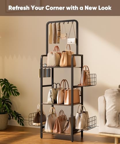 3-Tier Tall Purse Organizer Rack Stand, Bag Storage Holder, Black - Image 6