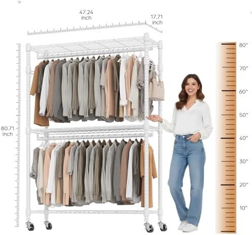 BATHWA Clothes Racks for Hanging Clothes, 25 mm tube Heavy Duty 47.3" W x 17.7" D x 80.7" H Large Wardrobe Rack with Shelves & Wheels Rolling Metal Commercial Multifuctional, White - Image 4