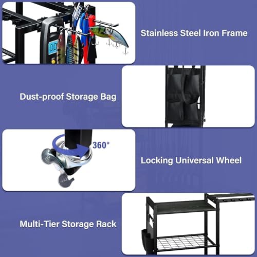 TC-HOMENY 16-Rod Fishing Rod Holder for Garage, Fishing Pole Rack Cart Fit All Fishing Rods, 3 Tier Fishing Tackle Storage Organizer Rack with Storage Bag, For Living Room - Image 5