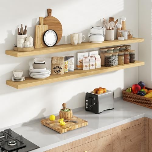 Acovy 72 Inch Floating Shelves, 8 Inch Deep Floating Shelves for Wall, Hanging Shelf with Invisible Brackets, Deep Shelves for Bathroom, Bedroom, Living Room, Oak, Set of 2 - Image 2
