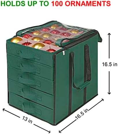 ProPik Christmas Ornament Storage Boxes with Dividers - 5 Separate Trays - Ornament Holder - Keeps 100 Holiday Ornaments - Durable Carrying Bag Handles Organizer Storage Box (Green) - Image 4