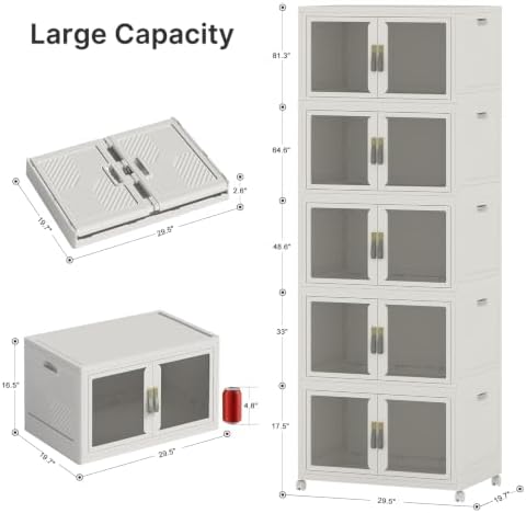 UAMFURI Stackable Storage Bins with Lids, Clear Doors, Large Storage Cabinet Foldable Collapsible Closet Organizers for Bedroom Dorm Office (5, White, 180, Quarts) - Image 2