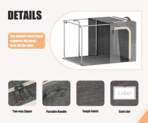3 Openings Clothes Storage Bins with Metal Frame, Foldable Storage Bin for Clothes, Clothing Storage Bins with Lid, Linen Storage Box With Clear Window＆ Zippers＆ Durable Handles.(3 Pcs,Dark Grey,40L) - Image 4