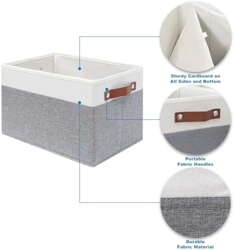 4 Pack Large Fabric Storage Baskets with Handles (White with Grey,15" L*13" W*13" H) - Image 3