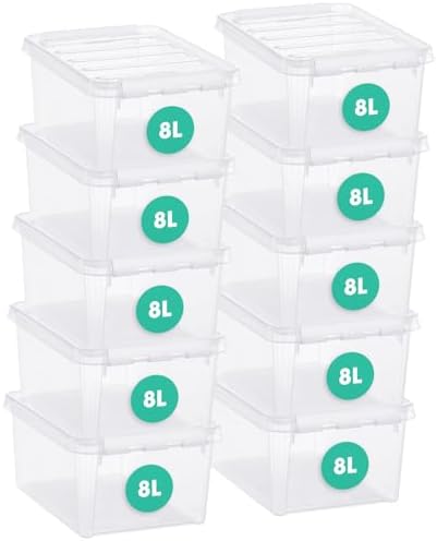SmartStore Classic 10 Clear Plastic Storage Boxes, 8L/8.5QT BPA-Free Stackable and Nestable Container with Secure Lid, Swedish Made Plastic Bins for Organization, L13.39 x W9.84 x H6.3-10 Pack by SmartStore
