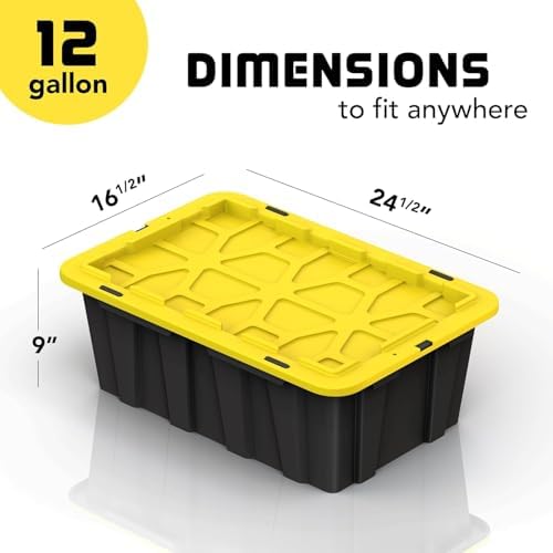 8 PACK of 12 Gallon Medium Black & Yellow Storage Bins | Plastic Tote Organizing Container with Secure Latching Lids, Stackable, Extra Strength with Built in Handle | 24.5" x 16.5" x 9" - Image 3