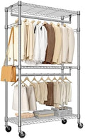 M MZG Heavy Duty Rolling Garment Rack 3 Tiers Adjustable Wire Shelving Clothes Rack with 2 Rods and Side Hooks,Storage Closet Clothing Rack with Wheels Chrome 15.7" D x 29.5" W x 74.5" H by MEIGAOPLASTICANDMETALHKCOLIMITED