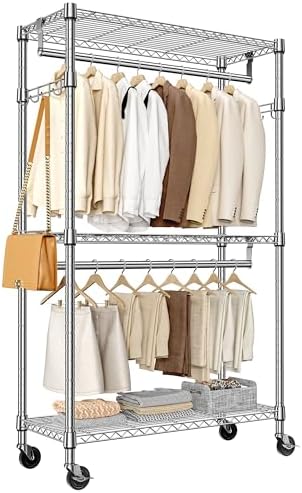 M MZG Heavy Duty Rolling Garment Rack 3 Tiers Adjustable Wire Shelving Clothes Rack with 2 Rods and Side Hooks,Storage Closet Clothing Rack with Wheels Chrome 15.7" D x 29.5" W x 74.5" H by MEIGAOPLASTICANDMETALHKCOLIMITED