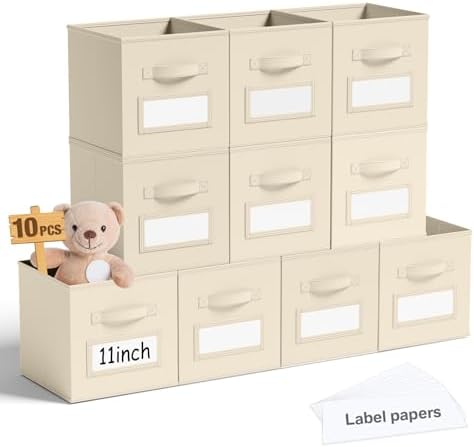 Teenyyou 10 Pack Fabric Storage Cubes 11 Inch Collapsible Cube Bins with Label Window & Handle Foldable Organizers Baskets for Shelf Closet Nursery Kids Room Clothes Book Toy(Beige) by Teenyyou