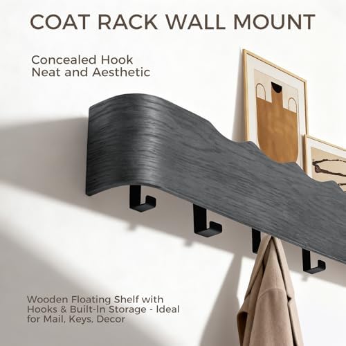 Coat Rack Wall Mount with Shelf Entryway Shelf Modern Key Holder Hanger Wall Shelves with Hidden Hooks for Hanging Towels Coats Hats Bags for Hallway Bathroom Bedroom(Wavy Black, 8 Hooks) - Image 4