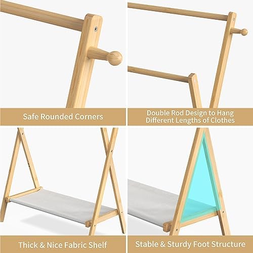 BAMBOOHOMIE Kids Clothing Rack, Small Clothes Rack for Toddler Pets, Kids Dress Up Rack with Storage Shelf & Double Rods, Foldable Kids Clothes Rack for Nursery Child's Room (Regular Size) - Image 2