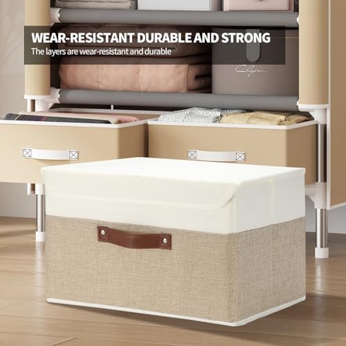 8 Pack Decorative Storage Bins Containers Fabric Bins with Lids Storage Baskets Bulk for Shelves Drawers, Desktop, Closet, Playroom, Classroom, Office, Bedroom, (15INx10INx10IN, Beige/White) - Image 4