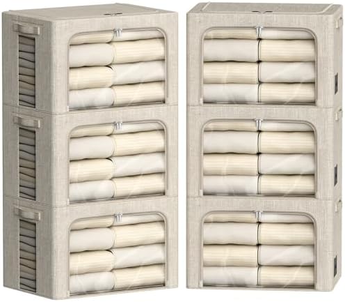 FHSQX 6 Pack Clothes Storage Bins with Metal Frame,Beige, 22L by FHSQX