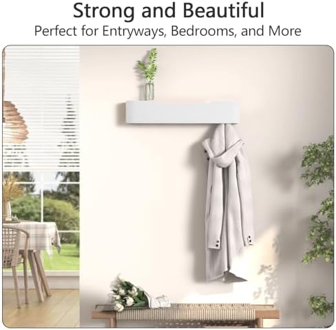 Coat Rack Wall Mount with Hidden Hooks Modern Key Holder Wood Entryway Hook with Shelf for Bedroom Kitchen Hallway Bathroom Designed for Hanging Coats Hats Bags Towels Dog Leashe(White,5 Hooks) - Image 5