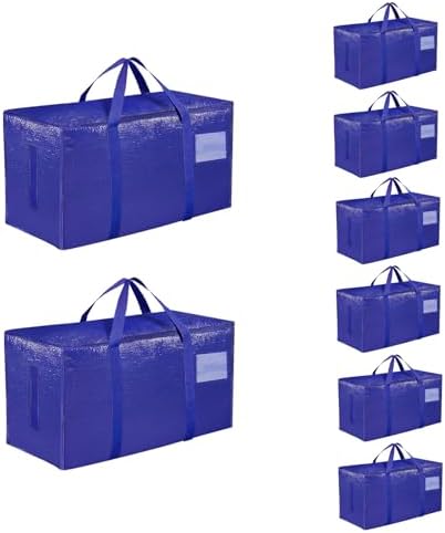 8 Pack-Extra Large Heavy Duty Moving Bags - Waterproof Storage Totes with Handles & Zippers, Foldable for College Dorm, Storage (Blue) by Unknown
