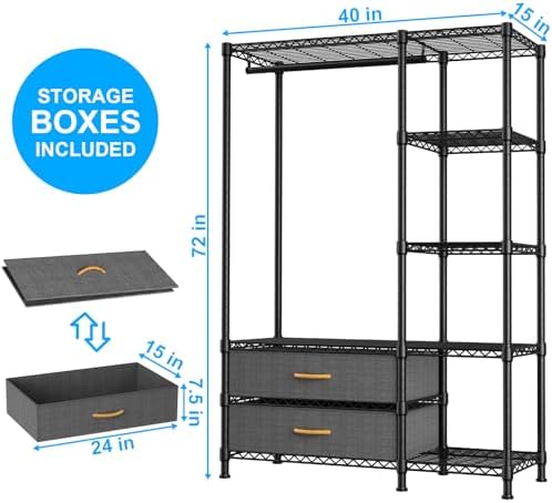 Ulif F3 Heavy Duty Clothes Rack（With Fabric Drawers）Freestanding Clothing Racks for Hanging Clothes，Adjustable Closet Organizer System，Portable Garment Rack 40" W x 15" D x 72" H，Max Load 700LBS，Black - Image 2